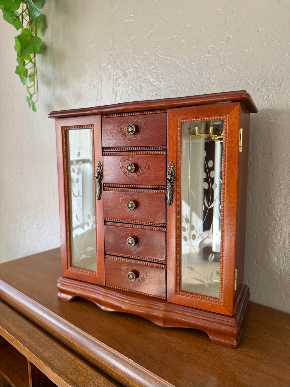 Classic Brown Wood Jewelry Armoire with Glass Doors
